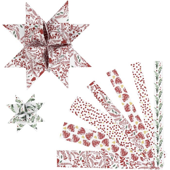 Stjernestrimler, L: 44+78 cm, B: 15+25 mm, diam. 6,5+11,5 cm, rød, hvid, 48 strimler/ 1 pk.