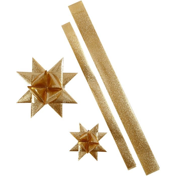 Stjernestrimler, L: 86+100 cm, B: 25+40 mm, diam. 11,5+18,5 cm, guld glitter, 16 strimler/ 1 pk.