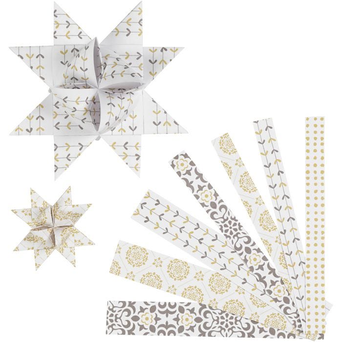 Stjernestrimler, L: 44+78 cm, B: 15+25 mm, diam. 6,5+11,5 cm, guld, hvid, 48 strimler/ 1 pk.