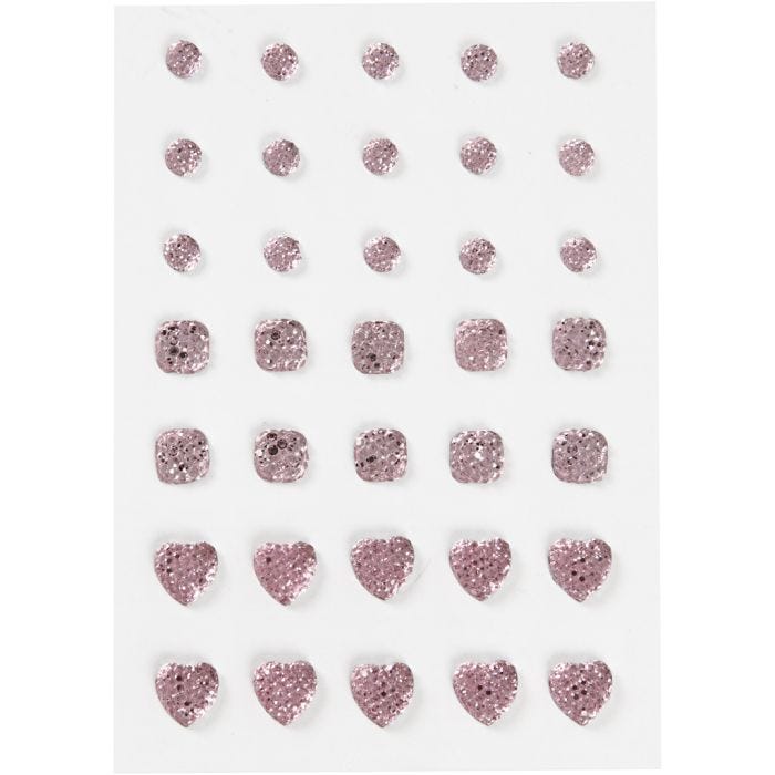 Rhinsten, rund, firkant, hjerte, str. 6+8+10 mm, rosa, 35 stk./ 1 pk.
