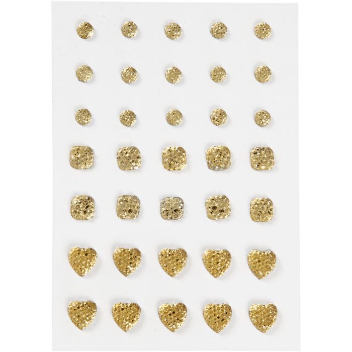 Rhinsten, rund, firkant, hjerte, str. 6+8+10 mm, guld, 35 stk./ 1 pk.