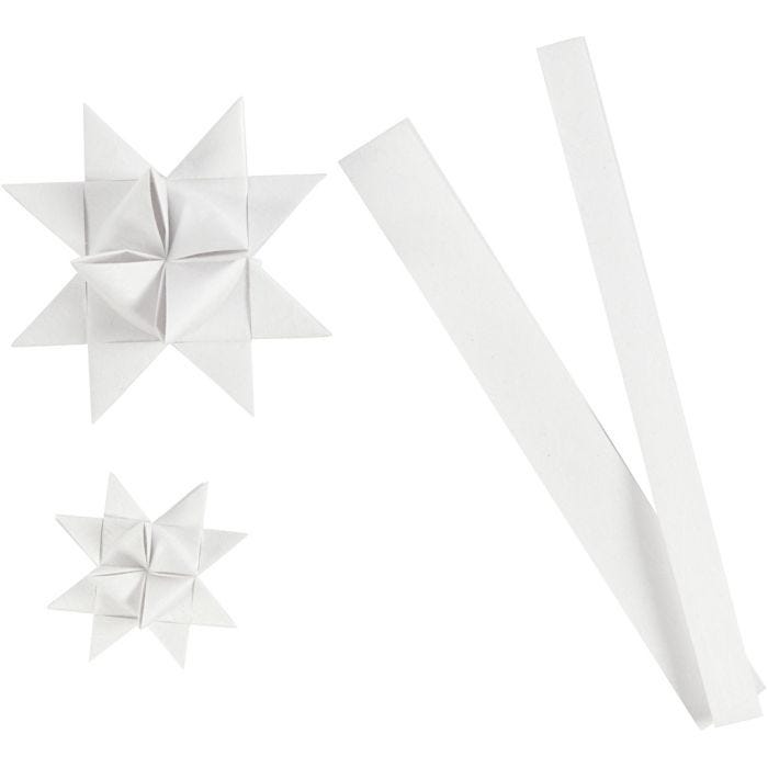 Stjernestrimler, L: 44+78 cm, B: 15+25 mm, diam. 6,5+11,5 cm, hvid, 32 strimler/ 1 pk.