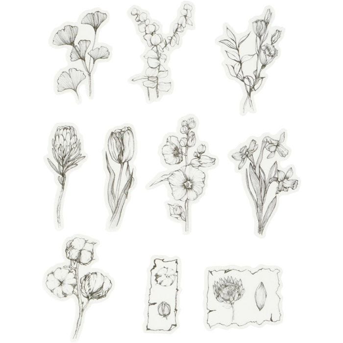 Washi stickers, sort/hvide blomster, str. 30-50 mm, 30 stk./ 1 pk.