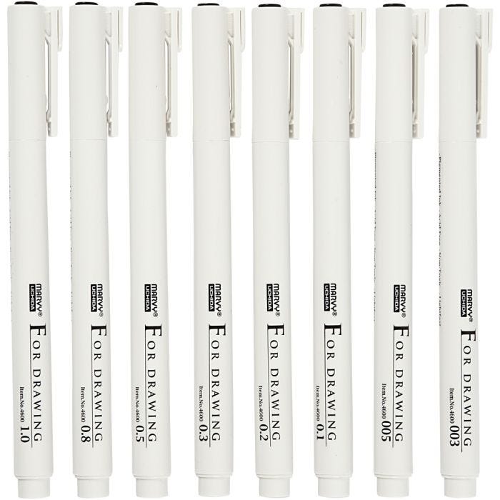 Fine Line skrive/tegnetusch, streg 0,03+0,05+0,1+0,2+0,3+0,5+0,8+1,0 mm, sort, 8stk./ 1 pk.