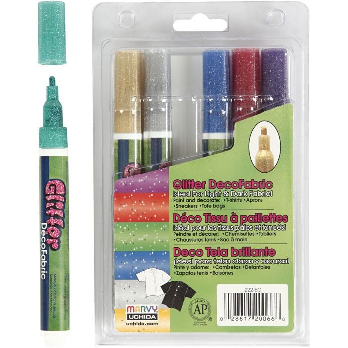 Deco Tekstiltusch, streg 3 mm, glitterfarver, 6 stk./ 1 pk.