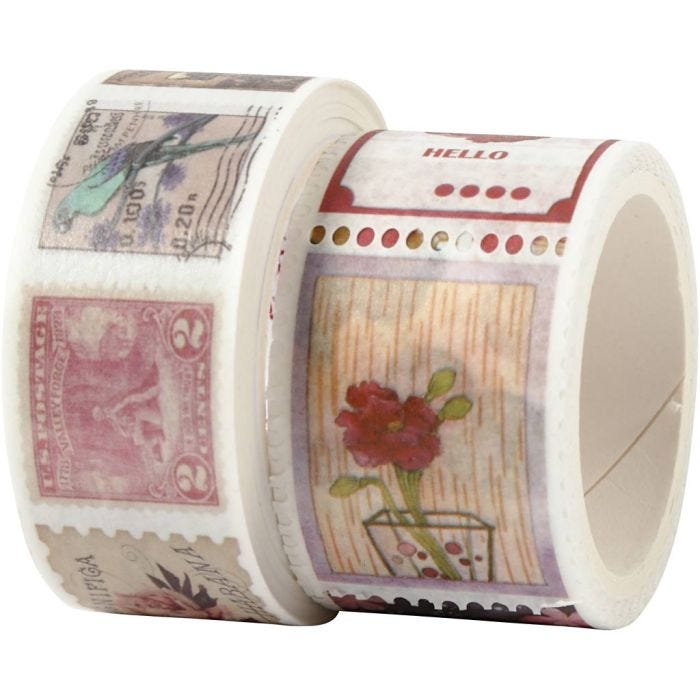 Masking Tape, Frimærke- og blomstermotiver, L: 3+5 M, B: 20+25 mm, 2 rl./ 1 pk.