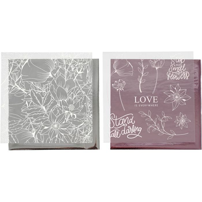 Dekorationsfolie og design limark, blomster, ark 15x15 cm, rosa, sølv, 4 ark/ 1 pk.