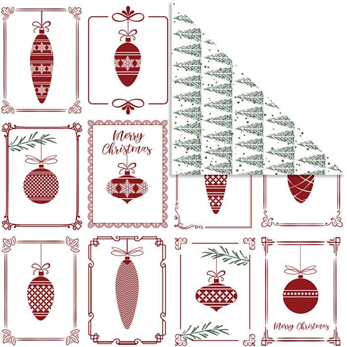 Designpapir, julekugler og juletræer, ark 30,5x30,5 cm, 180 g, 5 ark/ 1 pk.