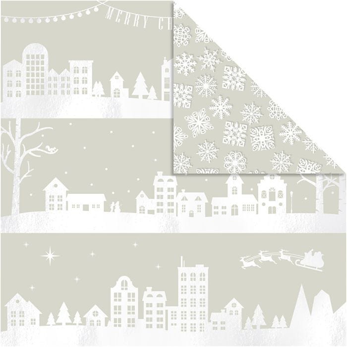 Designpapir, huse og snekrystaller, ark 30,5x30,5 cm, 180 g, 3 ark/ 1 pk.