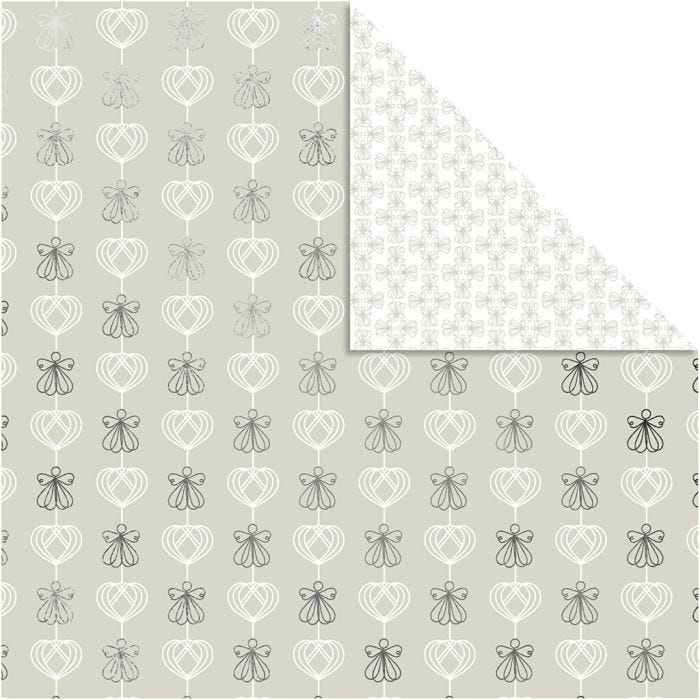 Designpapir, engle og hjerter, ark 30,5x30,5 cm, 180 g, sølv, 3 ark/ 1 pk.