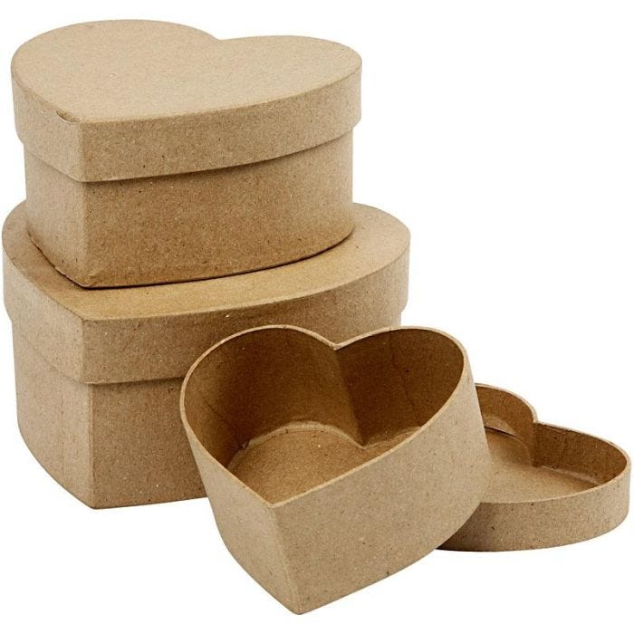 Hjerteæsker, H: 5+6,5+7,5 cm, B: 10+12,5+15 cm, 3 stk./ 1 sæt