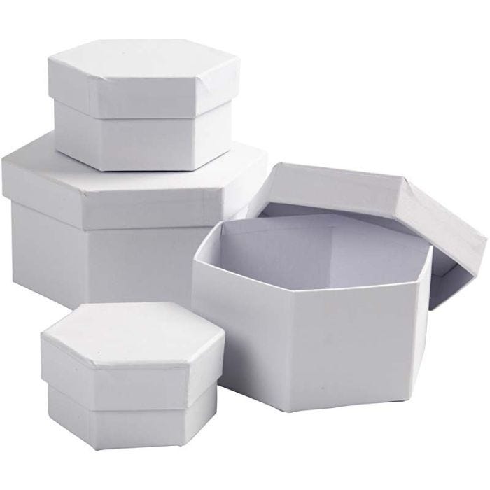 Sekskantede Æsker, H: 4+5+6+7 cm, diam. 6,5+8+10+12 cm, hvid, 4 stk./ 1 sæt