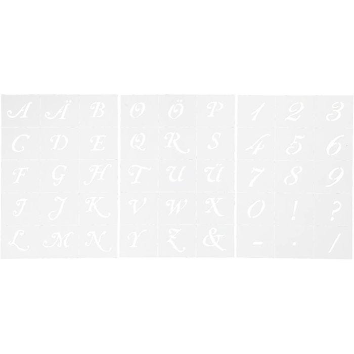 Skabeloner, bogstaver og tal, H: 20-30 mm, A5, ark 148x210 mm, 3ark/ 1 pk.