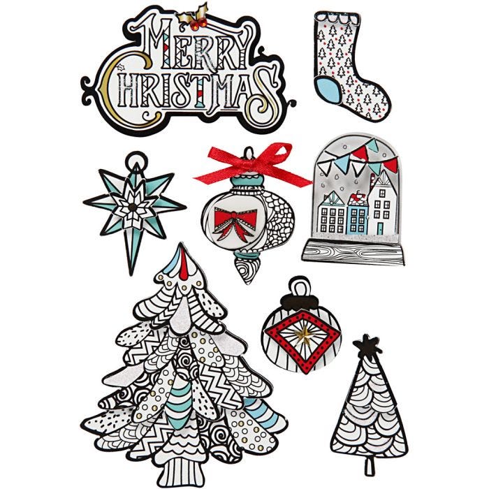 3D Stickers, grafiske julemotiver, H: 32-80 mm, B: 25-65 mm, 8 stk./ 1 pk.