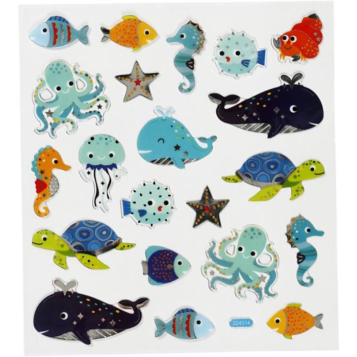Stickers, havets dyr, ark 15x16,5 cm, 1 ark