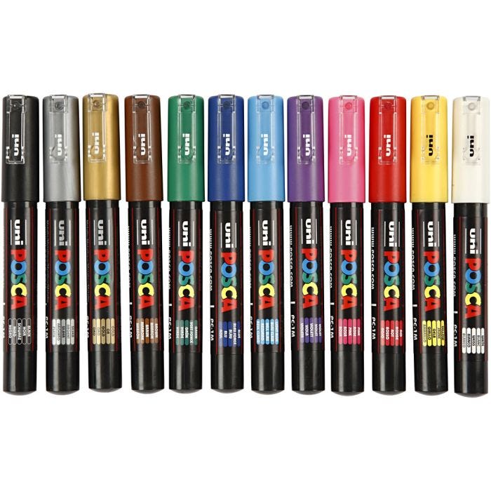 Posca Tusch, nr. PC-1M, streg 0,7 mm, extra-fine, ass. farver, 12 stk./ 1 pk.