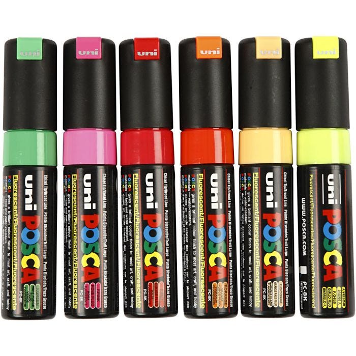 Posca Tusch, nr. PC-8K, streg 8 mm, broad, ass. farver, 6 stk./ 1 pk.