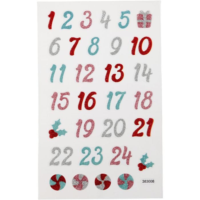 Glitterstickers, kalendertal, ark 10x16 cm, 1 ark