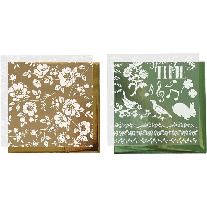 Dekorationsfolie og design limark, blomster, ark 15x15 cm, guld, grøn, 2x2 ark/ 1 pk.