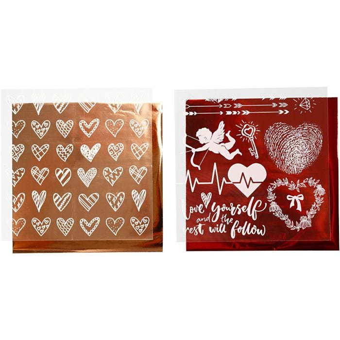 Dekorationsfolie og design limark, hjerter og kærlighed, ark 15x15 cm, rød, 2x2 ark/ 1 pk.