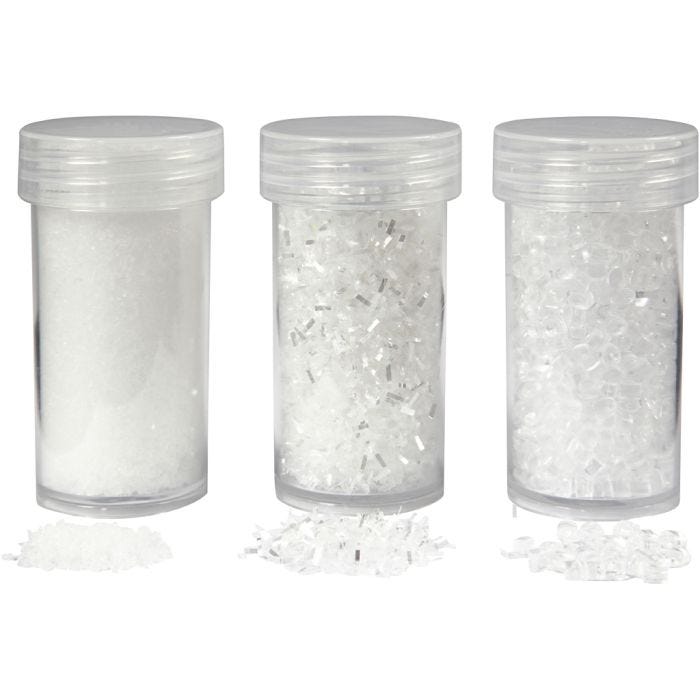 Kunstig sne, hvid glitter, 35+35+8 g, 3 ds./ 1 pk.