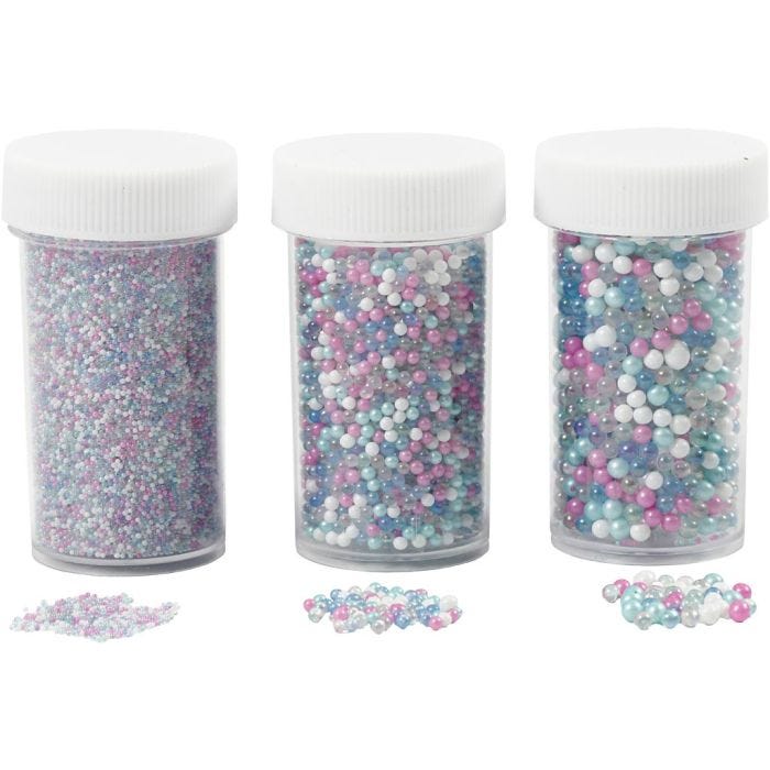 Mini Glaskugler, str. 0,6-0,8+1,5-2+3 mm, pastelfarver, 3x45 g/ 1 pk.
