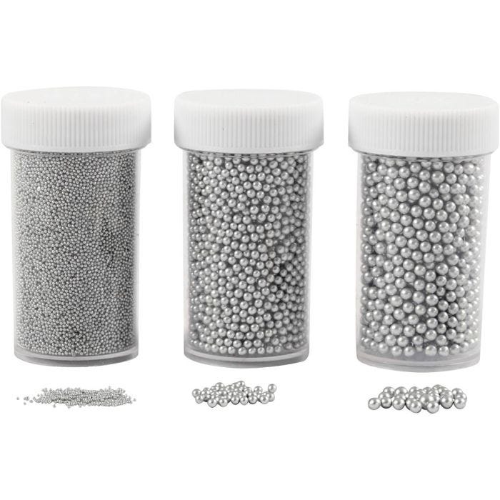 Mini Glaskugler, str. 0,6-0,8+1,5-2+3 mm, sølv, 3x45 g/ 1 pk.
