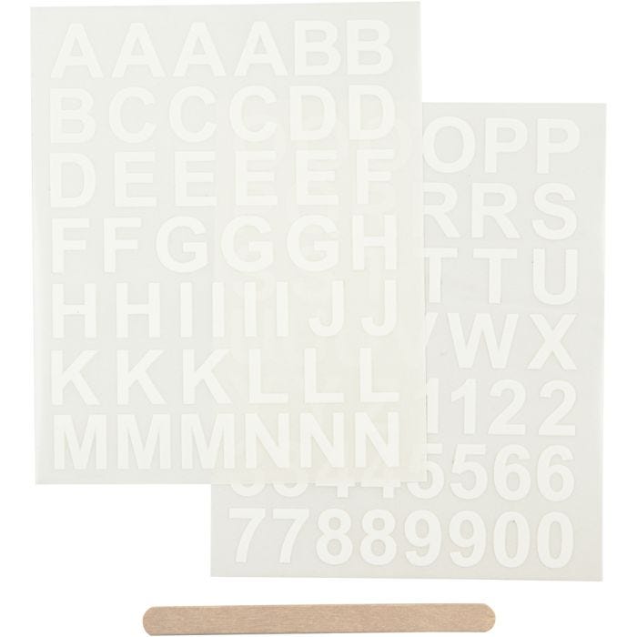 Rub on Stickers, bogstaver og tal, H: 17 mm, B: 17 mm, ark 12,2x15,3 cm, hvid, 1 pk.