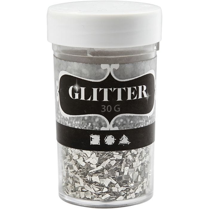 Glitter, str. 1-3 mm, sølv, 30 g/ 1 ds.