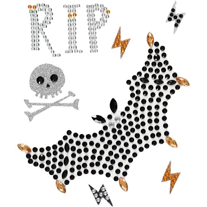 Rhinstensstickers, RIP og flagermus, ark 14x17 cm, 1 ark