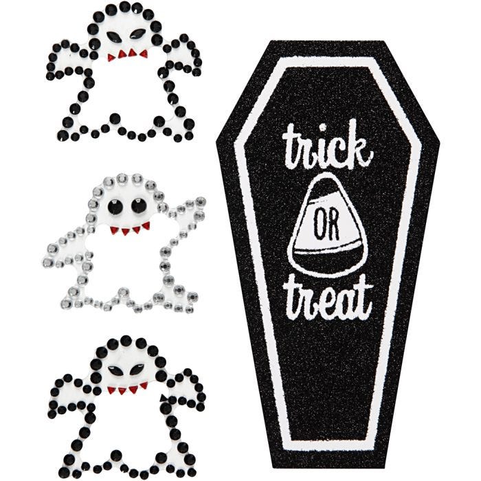 Rhinstensstickers, spøgelser og kiste, ark 14x17 cm, 1 ark