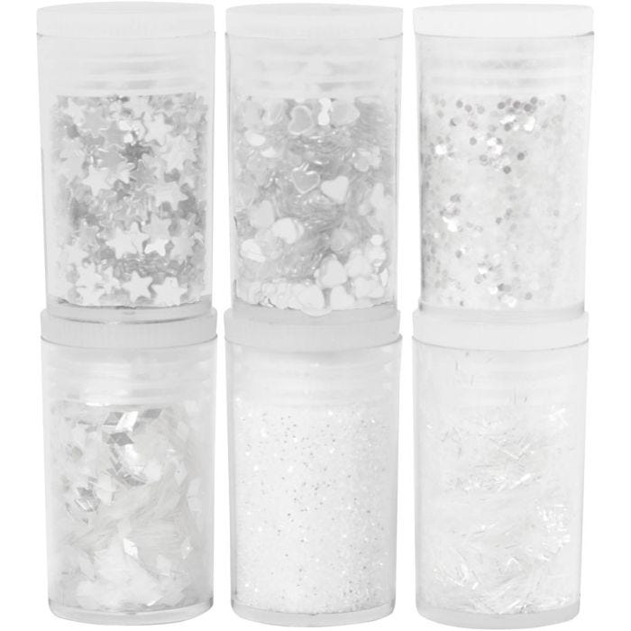 Glitter og Pailletter, hvid, 6x5 g/ 1 pk.