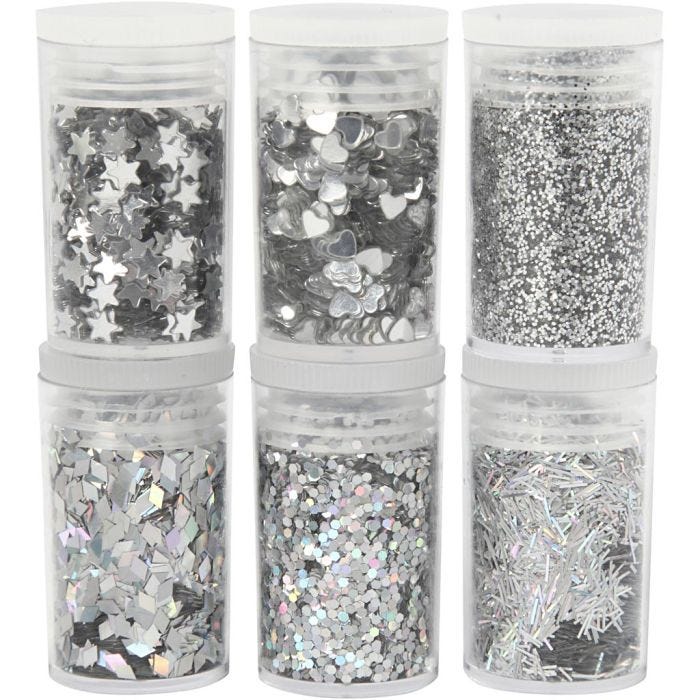 Bio-glimmer &amp; Pailletter, sølv, 6x7 ml/ 1 pk.