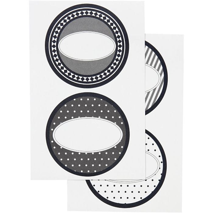 Stickers, diam. 4 cm, ark 9x14 cm, 4 ass. ark/ 1 pk.