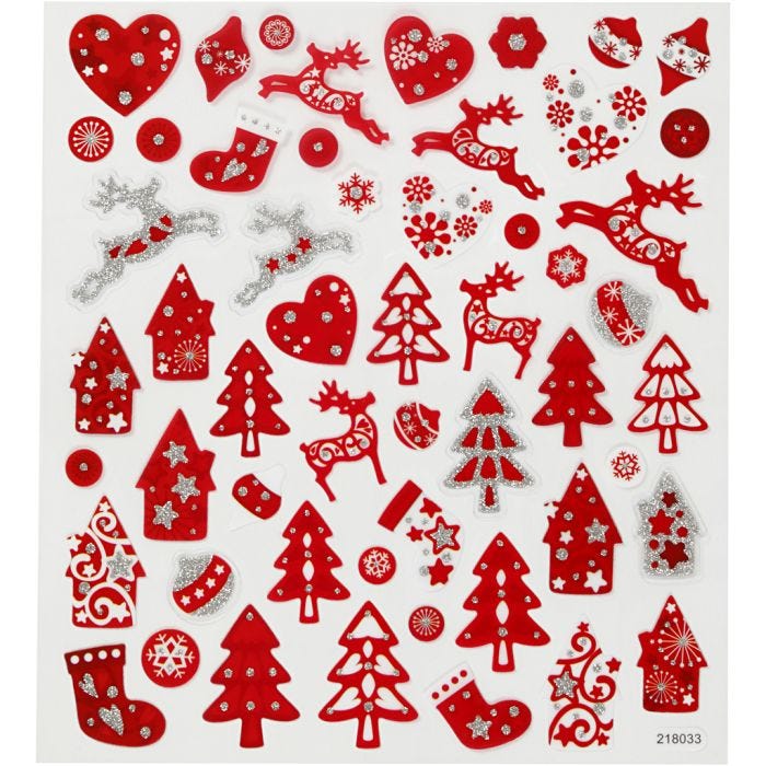 Stickers, rød/hvid jul, ark 15x16,5 cm, 1 ark