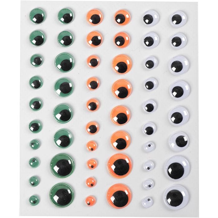 Rulleøjne, selvklæbende, diam. 6+8+10+12+15 mm, grøn, orange, hvid, 54 stk., 1 ark