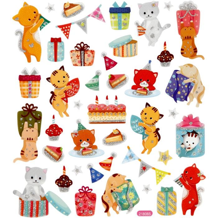 Stickers, kattefødselsdag, ark 15x16,5 cm, 1 ark