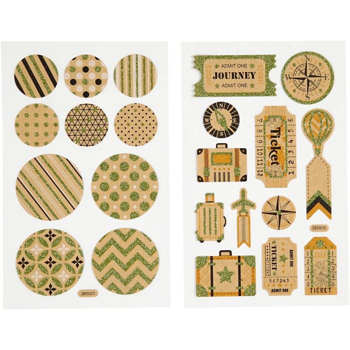 Stickers, kuffertmærker og cirkler, ark 10x16 cm, 4ark/ 1 pk.
