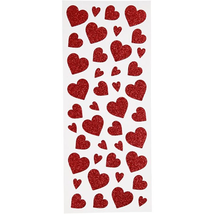 Glitterstickers, hjerter, ark 10x24 cm, rød, 2 ark/ 1 pk.
