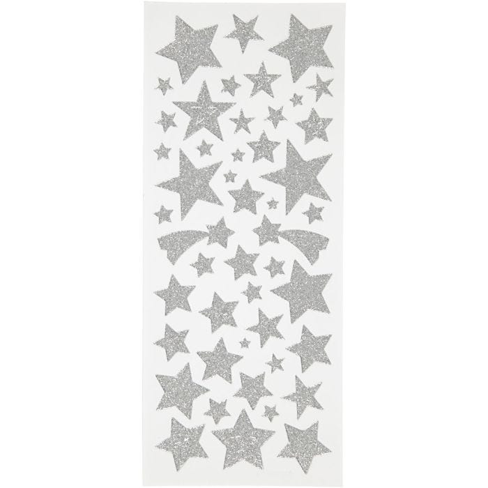 Glitterstickers, stjerner, ark 10x24 cm, sølv, 2 ark/ 1 pk.
