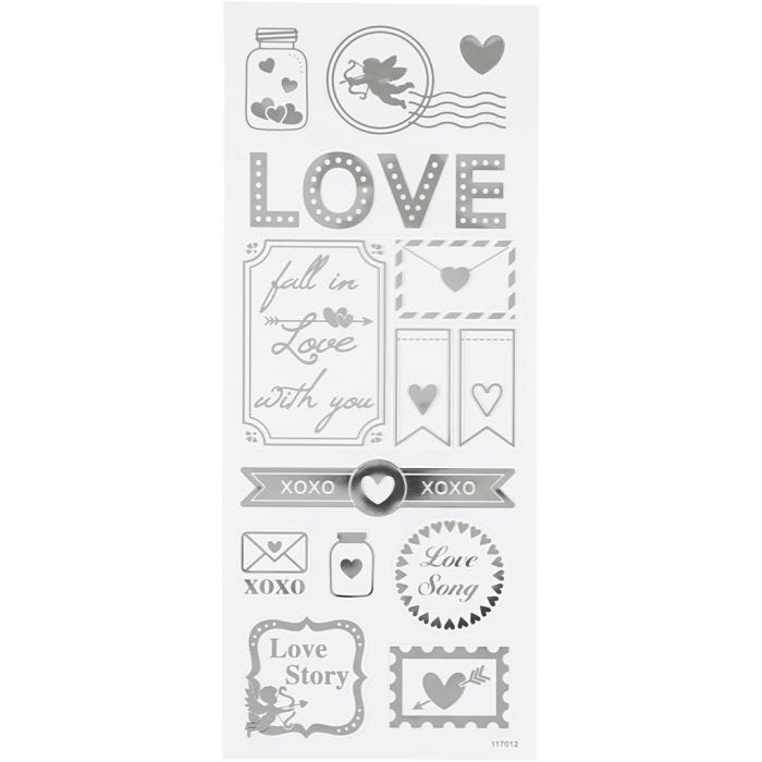 Stickers, love, ark 10x24 cm, sølv, 1 ark