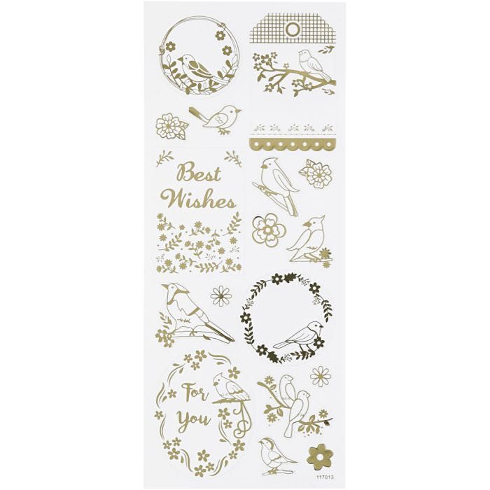 Stickers, fugle, ark 10x24 cm, guld, 1 ark