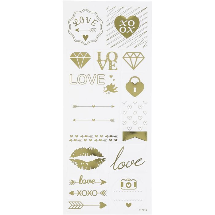 Stickers, love, ark 10x24 cm, guld, 1 ark