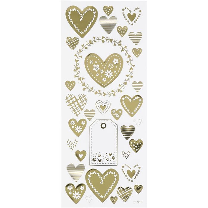 Stickers, hjerter, ark 10x24 cm, guld, 1 ark