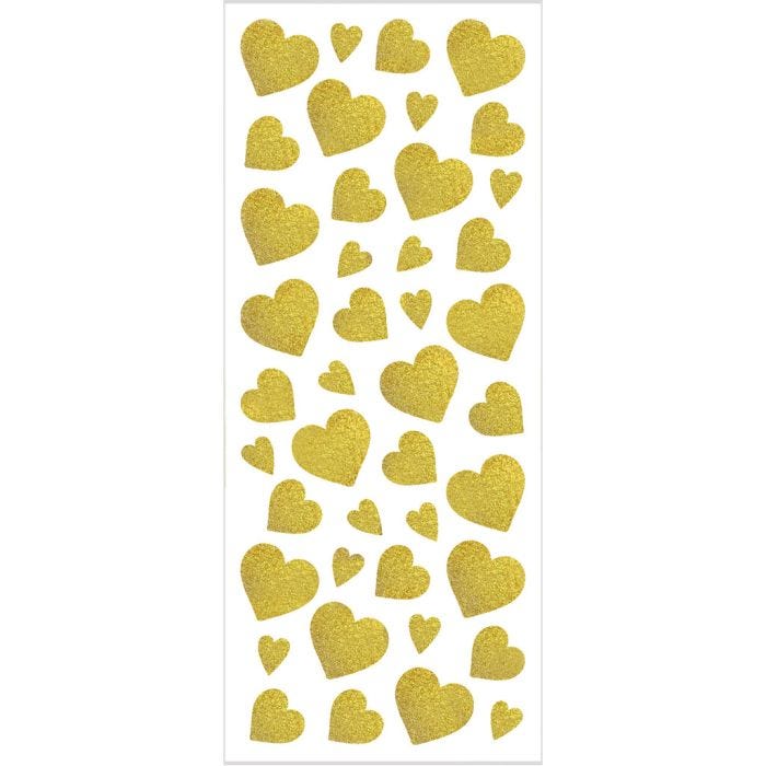 Glitterstickers, hjerter, ark 10x24 cm, guld, 2 ark/ 1 pk.