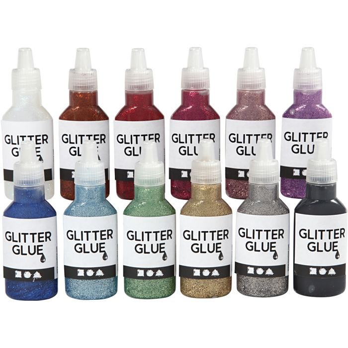 Glitterlim, ass. farver, 12x25 ml/ 1 pk.