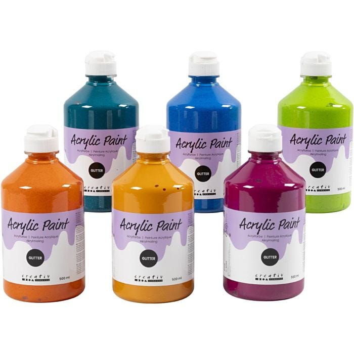 Akrylmaling Glitter, ass. farver, 6x500 ml/ 1 pk.
