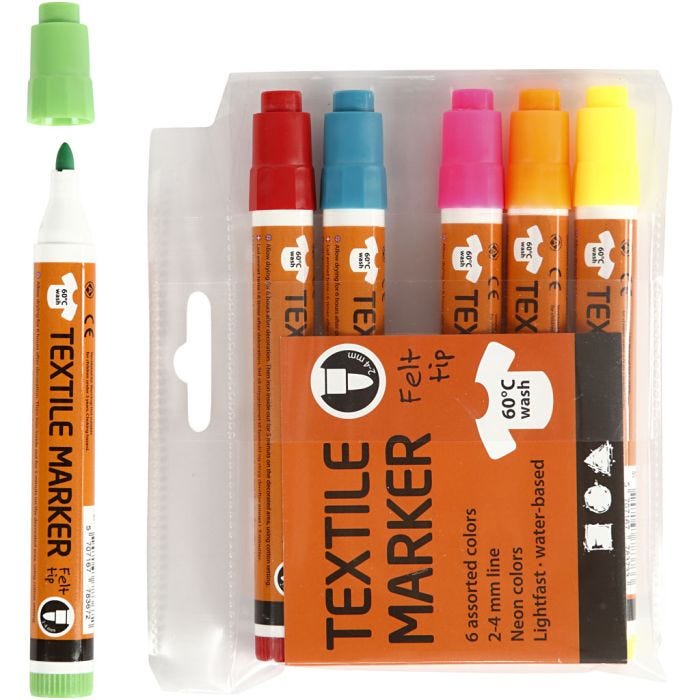 Tekstiltusch, streg 2-4 mm, neonfarver, 6 stk./ 1 pk.