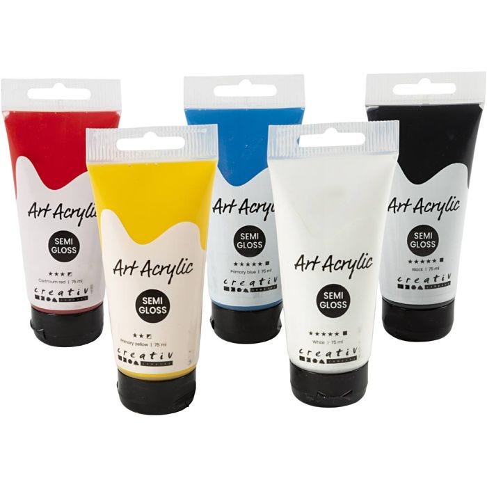 Art Akrylmaling, Grundfarver, halvblank, ass. farver, 5x75 ml/ 1 pk.