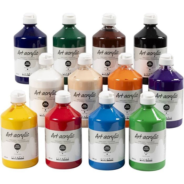 Art Akrylmaling, halvblank, standardfarver, 12x500ml/ 1 pk.